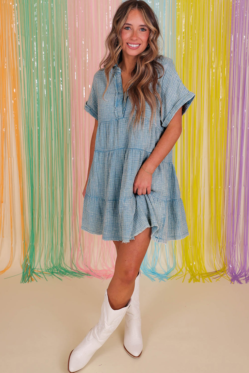 Crinkle Split Distressed Tiered Dress