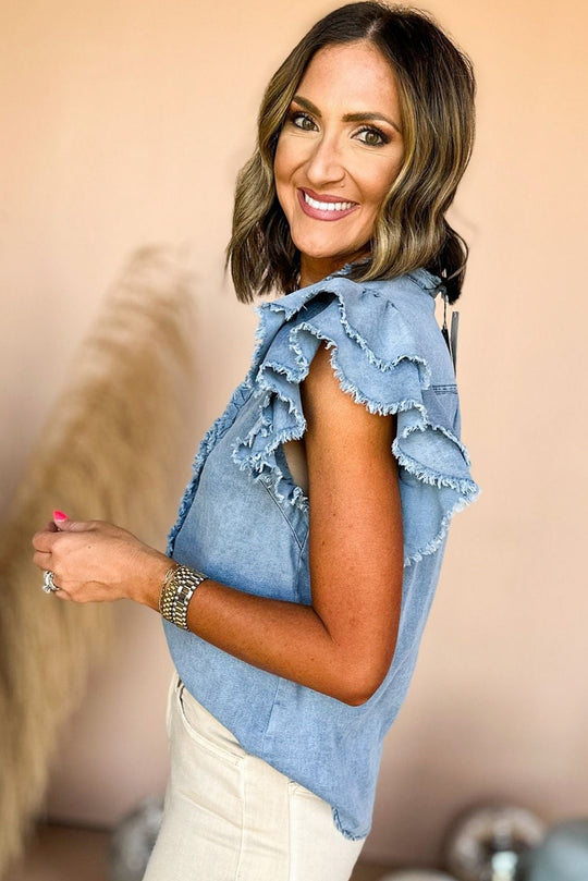 Denim Ruffled Flutter Frayed Denim Blouse