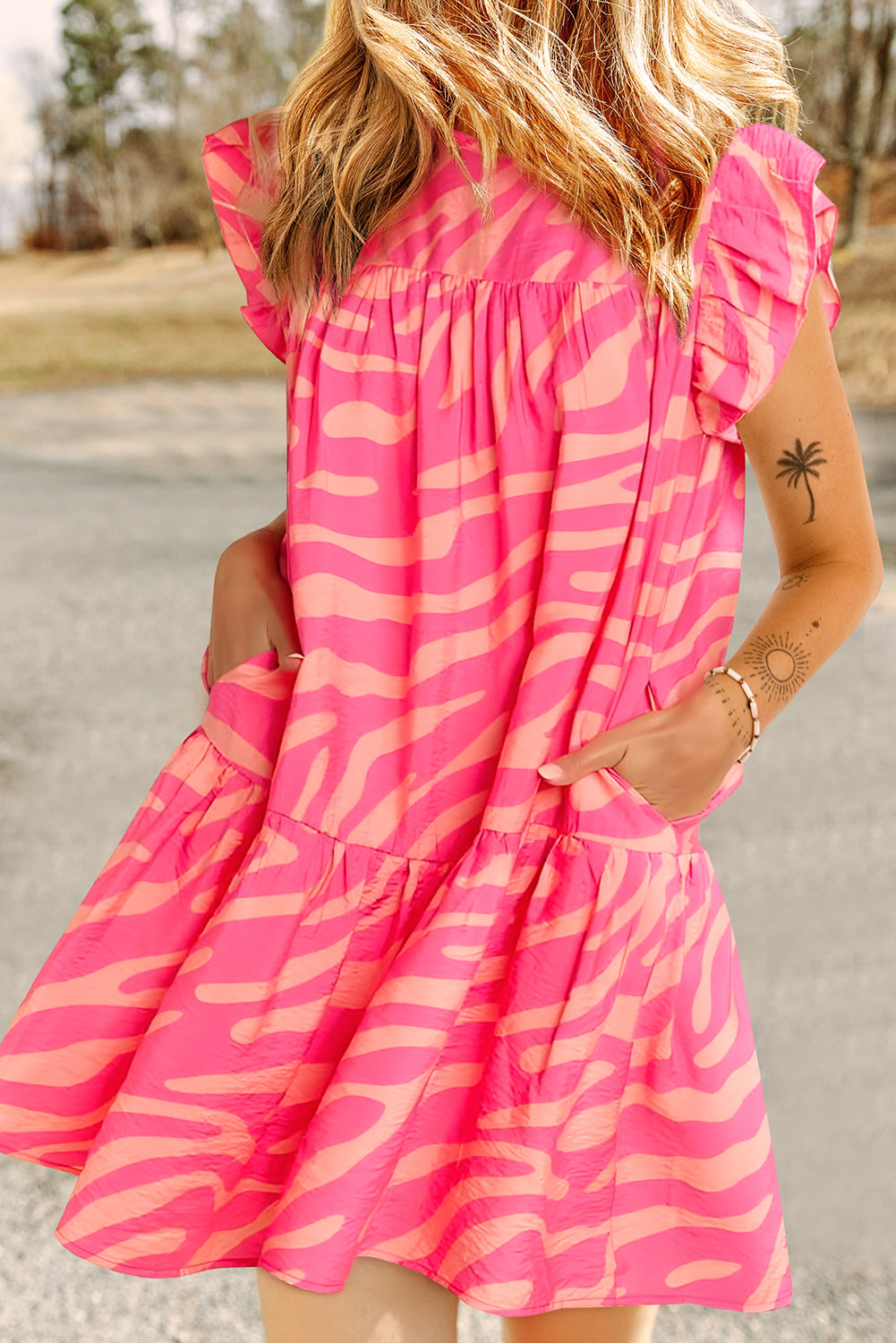 Ruffle Pink Zebra Stripe Pocketed Dress