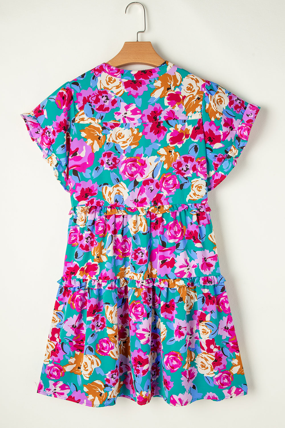 Diane Ruffle Turquoise Rose Floral Short Dress