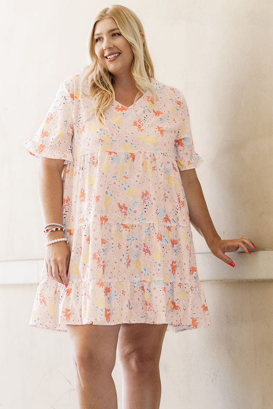  Plus Size Cream and Pink Babydoll Swing Dress