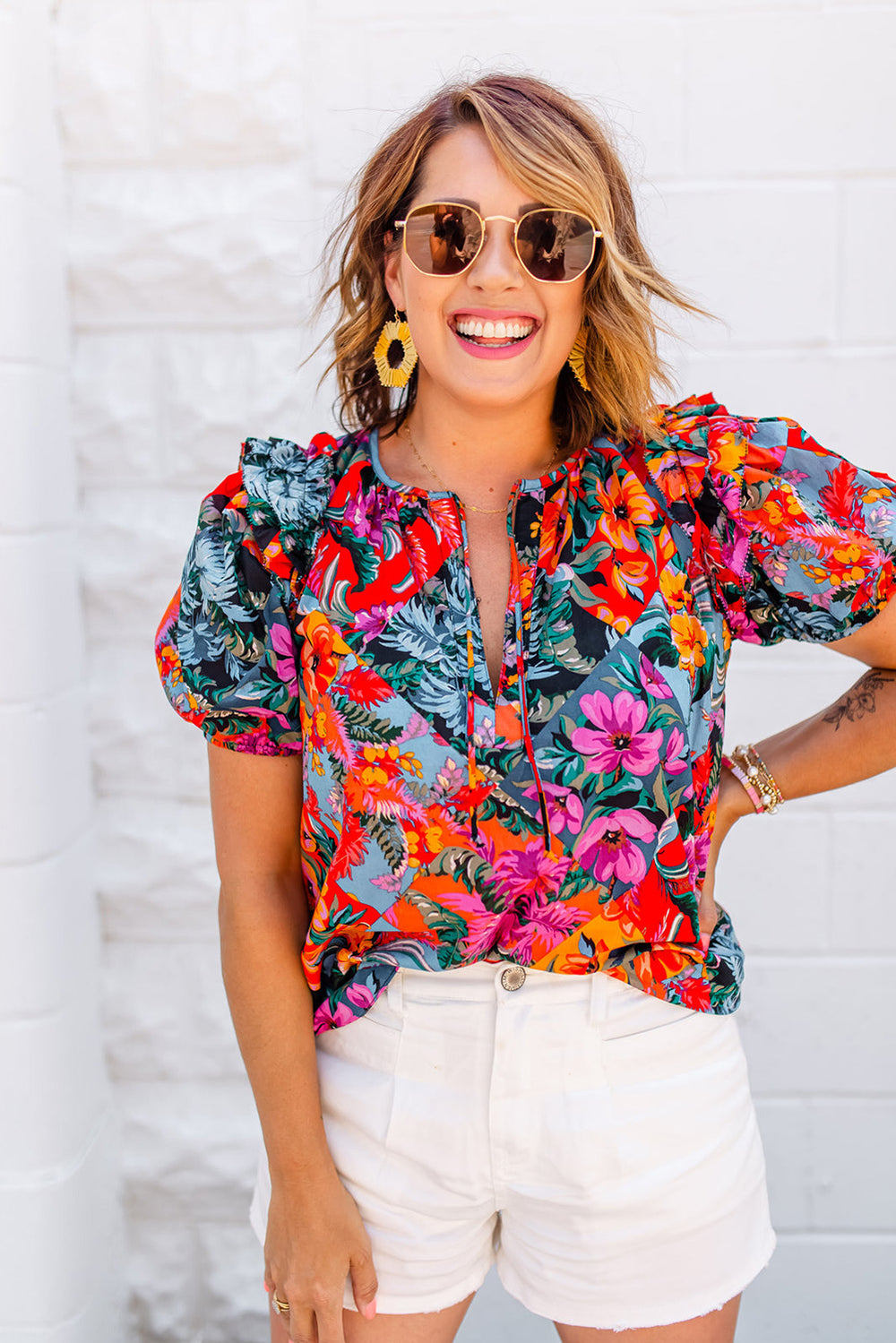 Red Ruffled Multicolor Floral Blouse