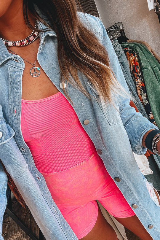 Light Distressed Frayed Long Denim Jacket