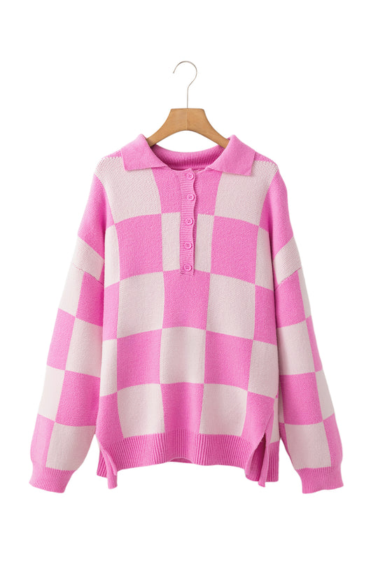 Sadie Checkerboard Half Button Collared Sweater