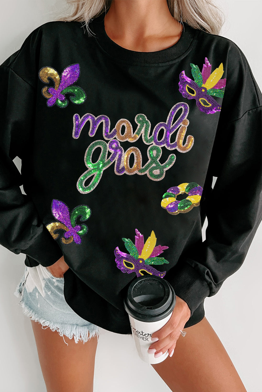 Black Sequin Mardi Gras Graphic Sweatshirt