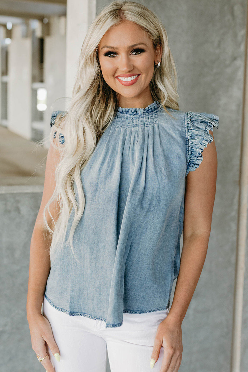 Denim Pleated Retro Chambray Top