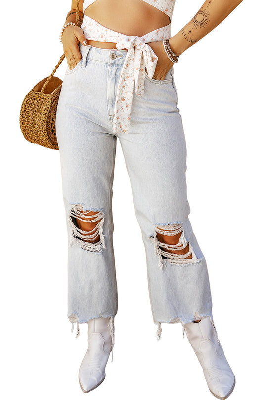 Melinda High Rise Ripped Frayed Straight Denim