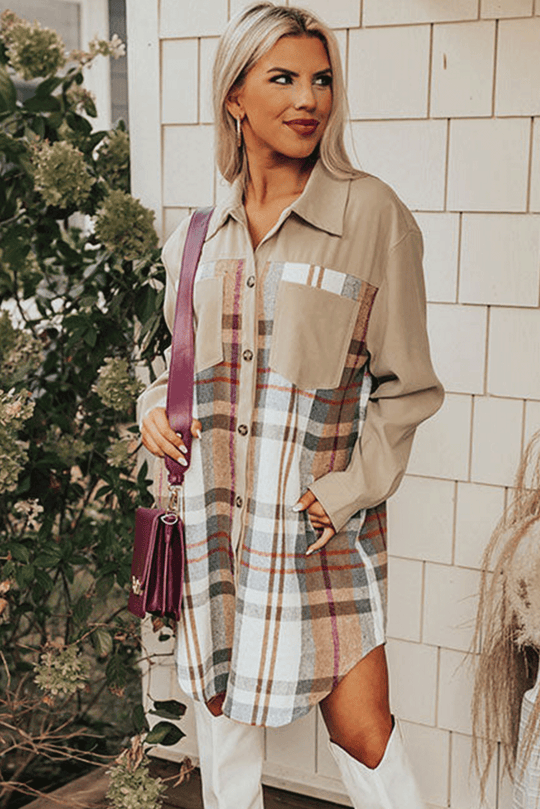  Plaid Camel Long Sleeve Shirt Mini Dress