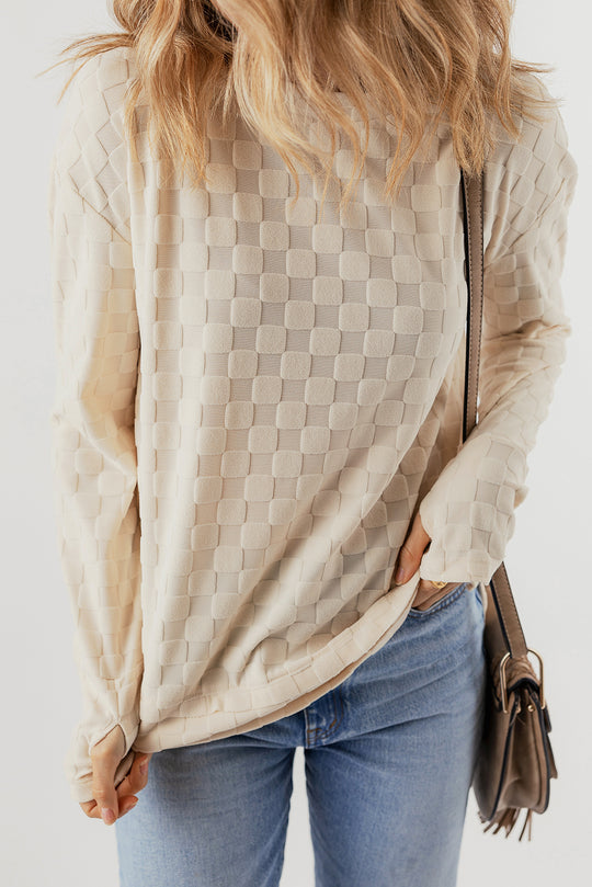 Beige Solid Textured Thumbhole Sleeve Top - Klazzi Fashion Boutique