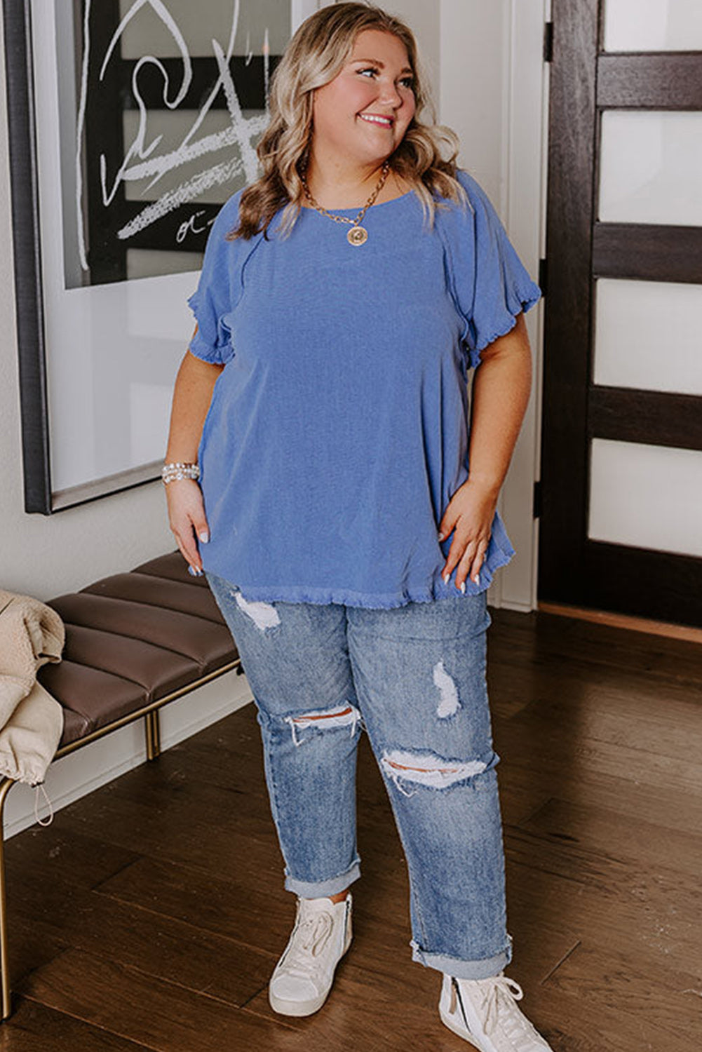 Alannah Plus Size Blue Frayed Blouse