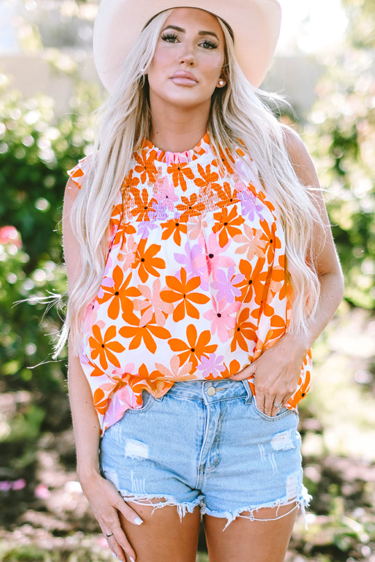  Ruffled Orange and Pink Floral Top