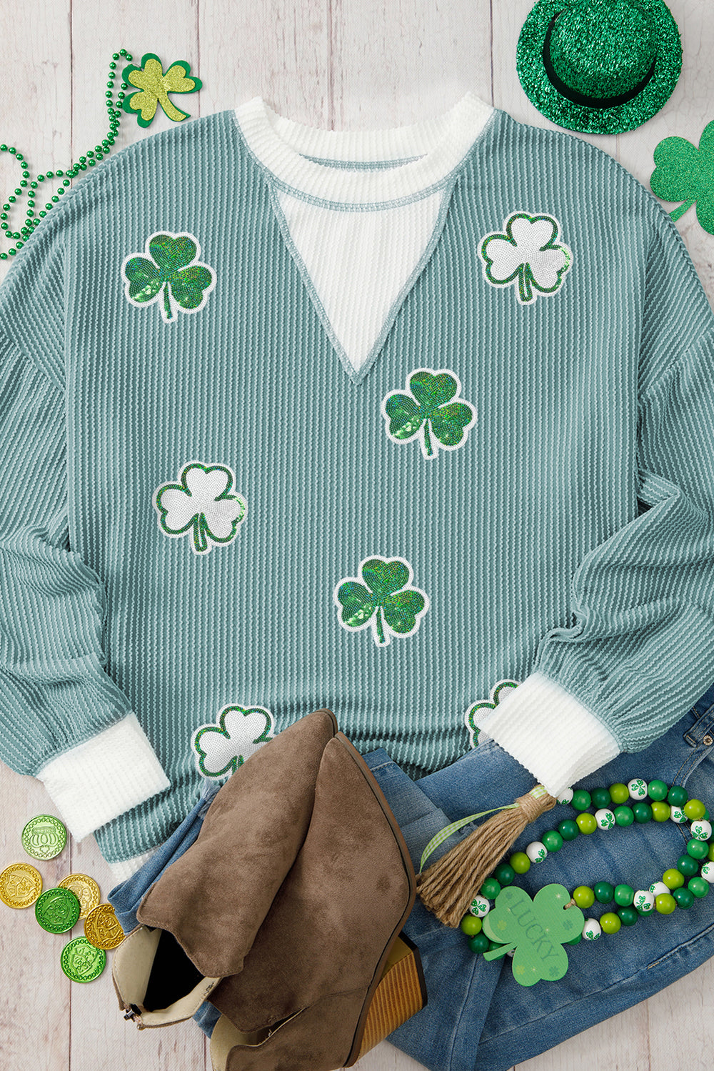 Corduroy Sequin Clover Graphic Sweater