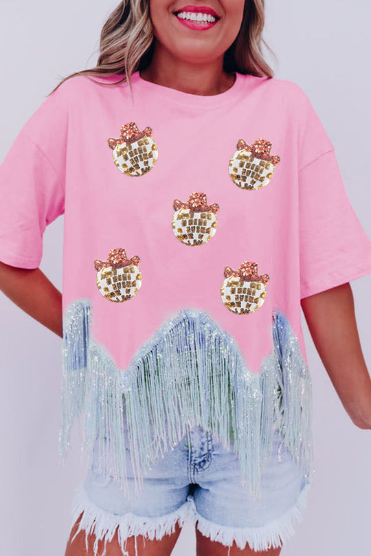 Pink Sparkle Sequin Disco Ball Tassel Top 