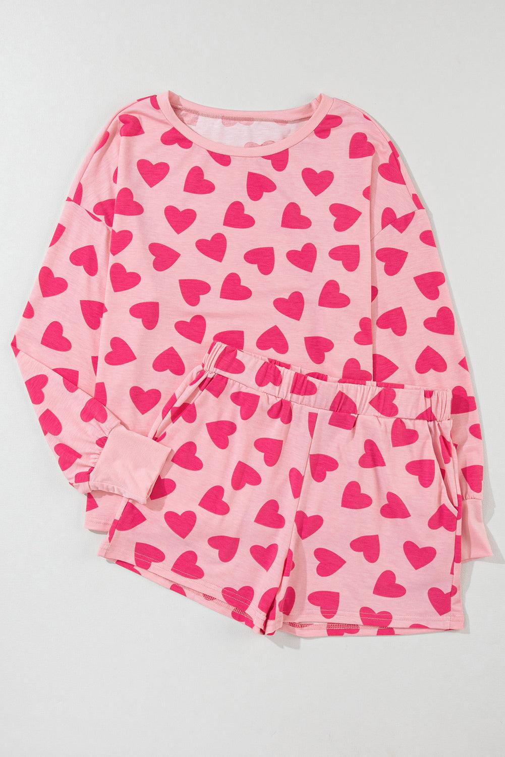 Pink Valentine Heart Shape Print Long Sleeve Top Shorts Lounge Set