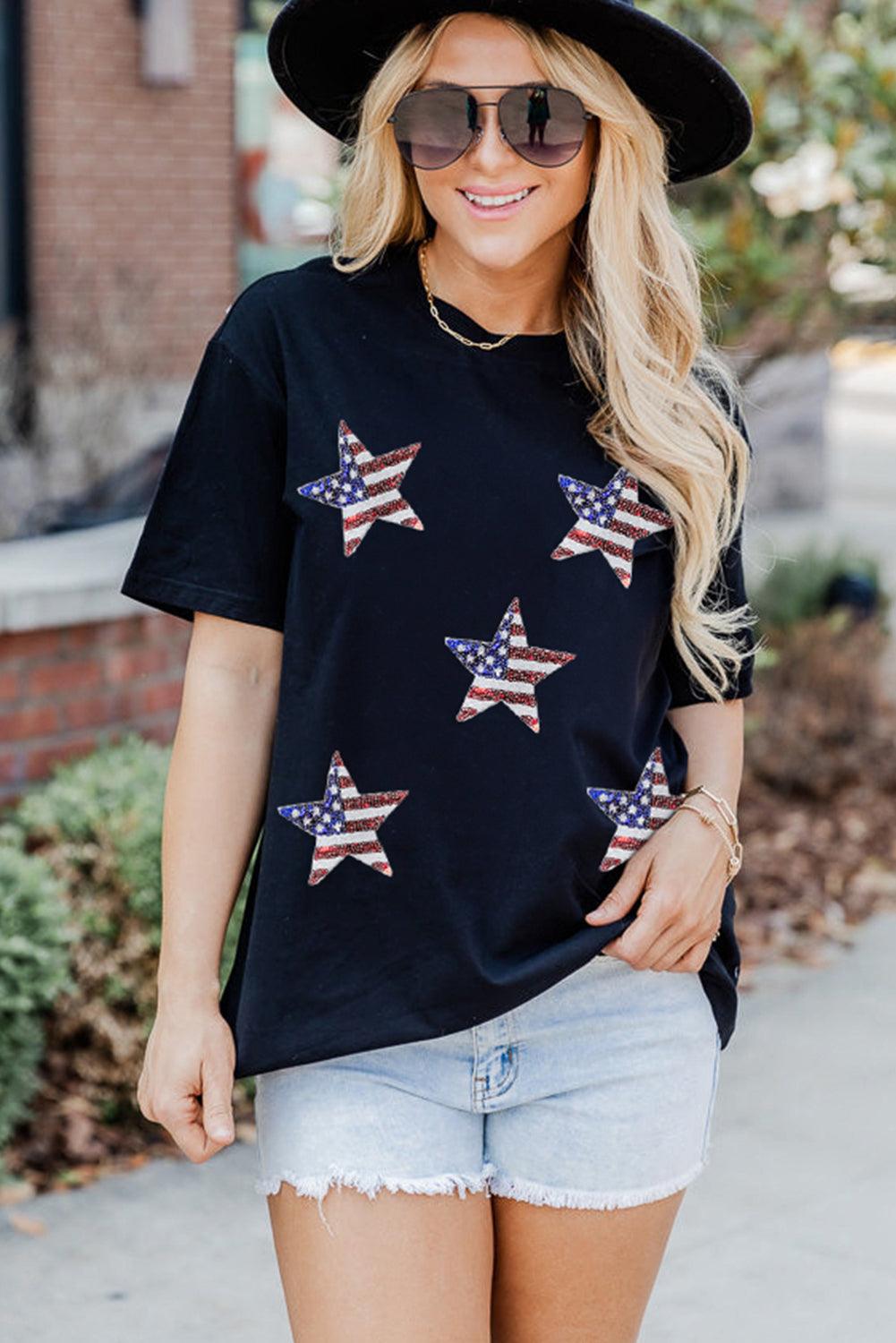 White Sequined American Flag Star Graphic T Shirt