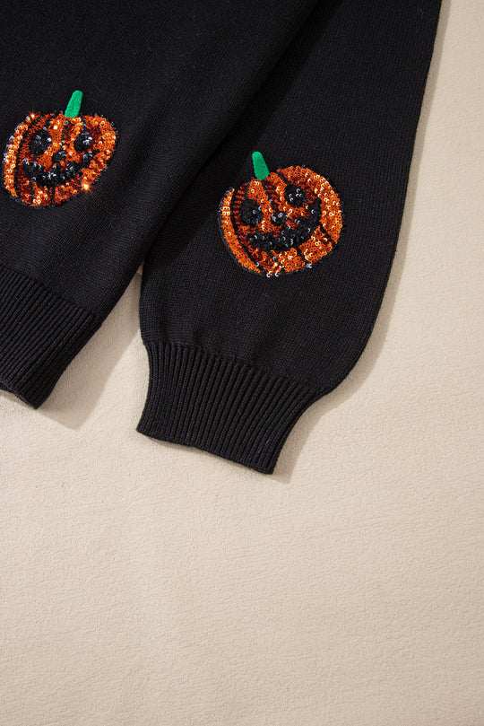 Plus Size Halloween Sequin Pumpkin Pattern Sweater