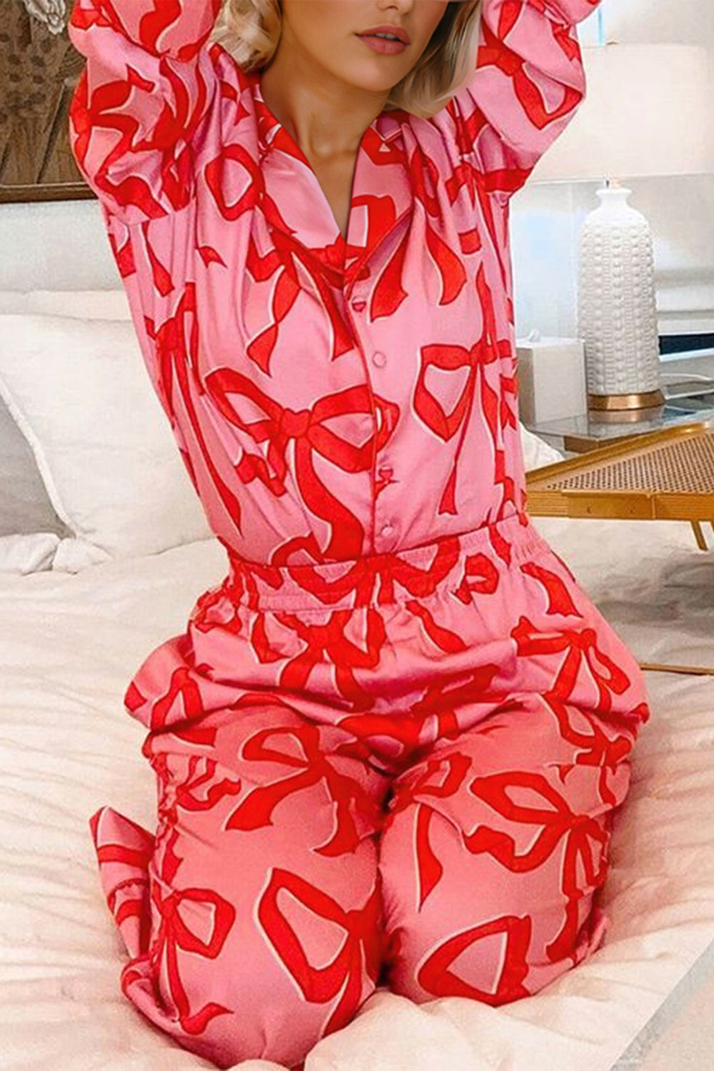 Red Bows 2 Piece Long Sleeve Pajama Pant Set