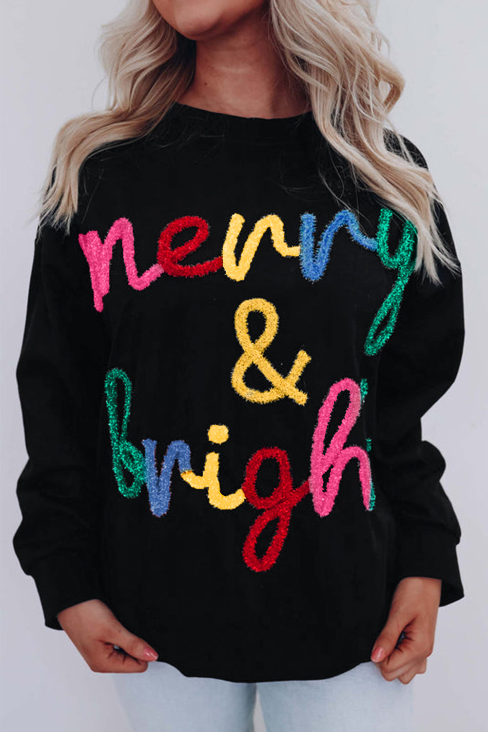  Colorful "Merry & Bright" Tinsel Christmas Graphic Sweater