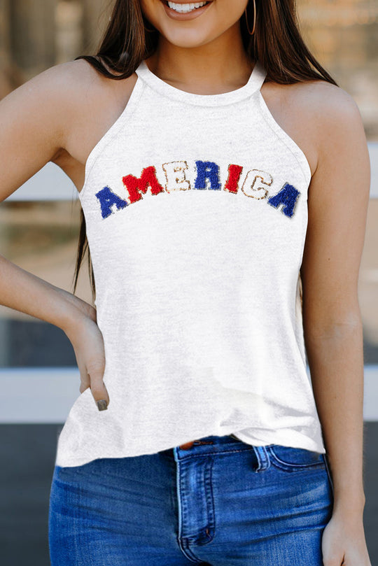 White "AMERICA" Chenille Graphic Tank Top