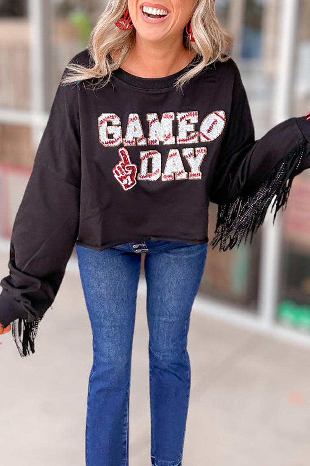  Sequin Tassel "GAME DAY" Football Cropped Sweatshirt