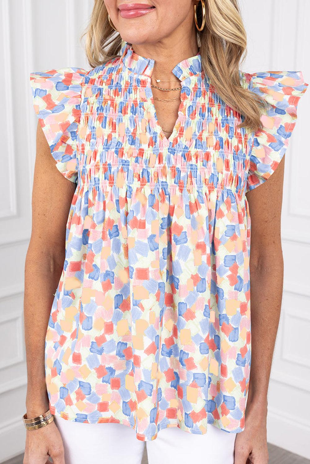 Sky Blue Shirred Yoke Ruffled Abstract Printed Blouse