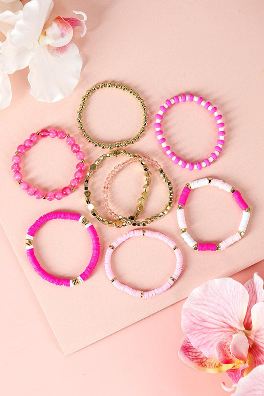 Pink 8pcs Valentine Beaded Elastic Bracelet Set