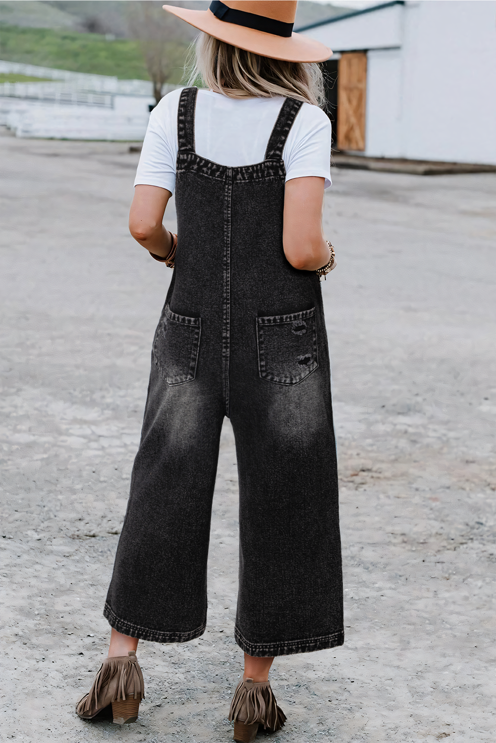  Distressed Wide Leg Denim Overalls