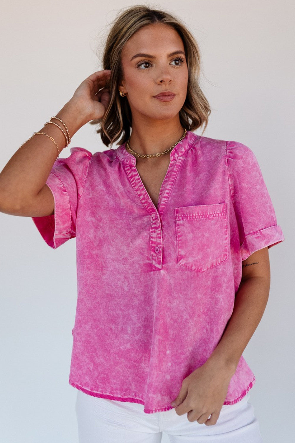 Bright Pink Mineral Wash Denim Top