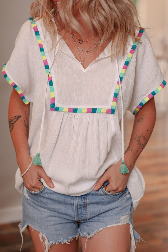 Fringe Multicolor Tassel Short Sleeve Blouse