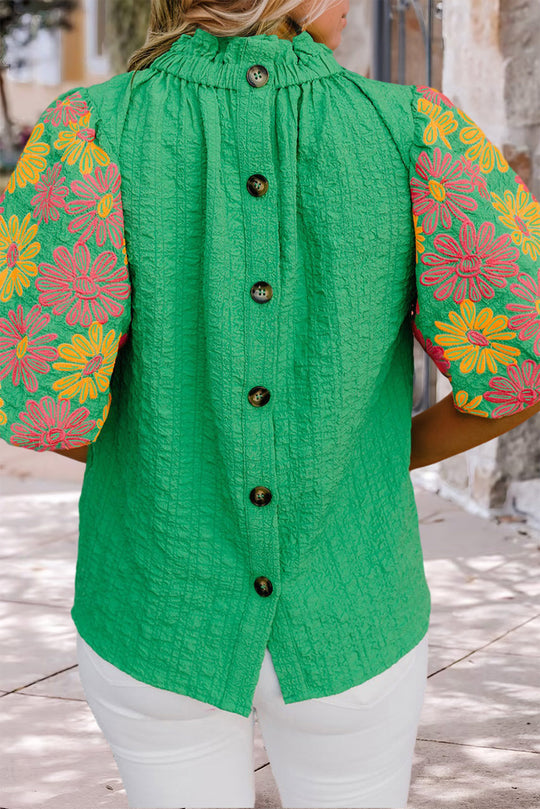 Crinkled Bright Green Ruffled Floral Blouse