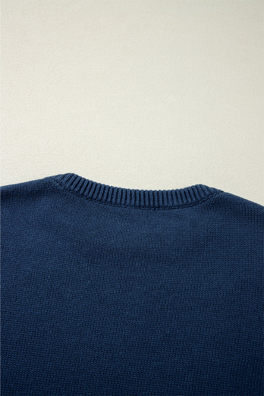  Knitted Navy Blue Star Drop Shoulder Sweater