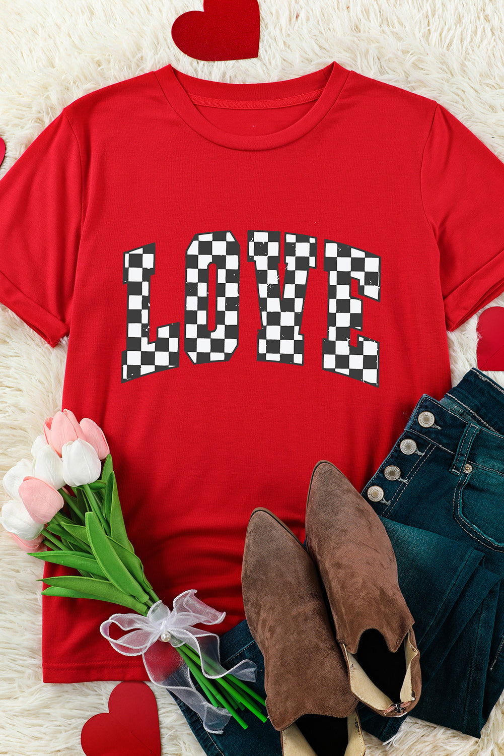  Checkered "LOVE" Red Graphic Valentines T Shirt