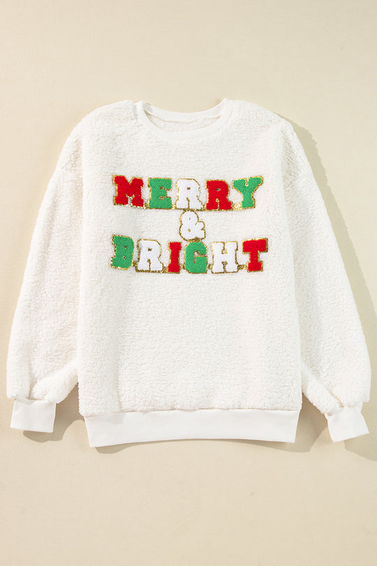 Christmas "MERRY & Bright" Chenille Graphic Sherpa Sweatshirt