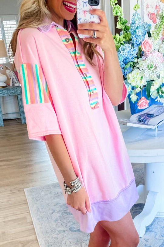 Pink Multicolor Rainbow Stripe T Shirt Dress