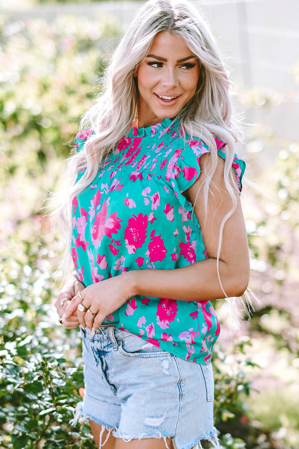 Sydney Ruffled Green Floral Flutter Sleeve Blouse