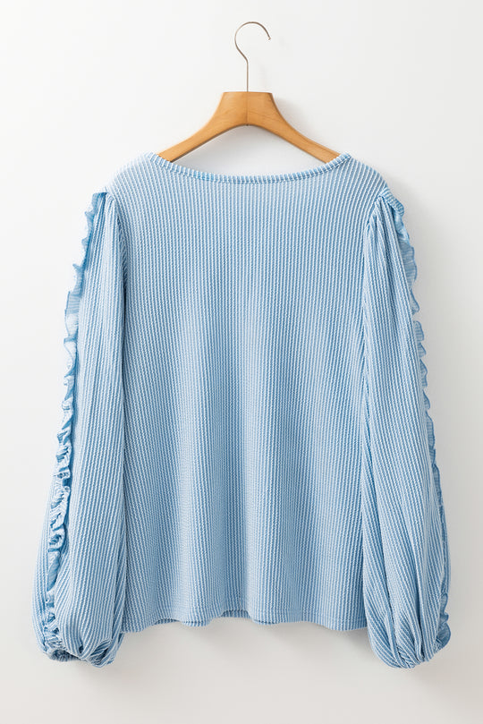 Corduroy Baby Blue Frilly Puff Sleeve Sweater