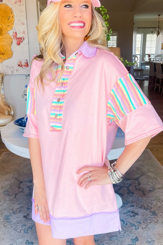 Pink Multicolor Rainbow Stripe T Shirt Dress