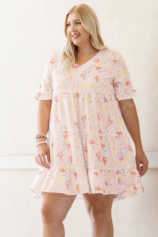  Plus Size Cream and Pink Babydoll Swing Dress