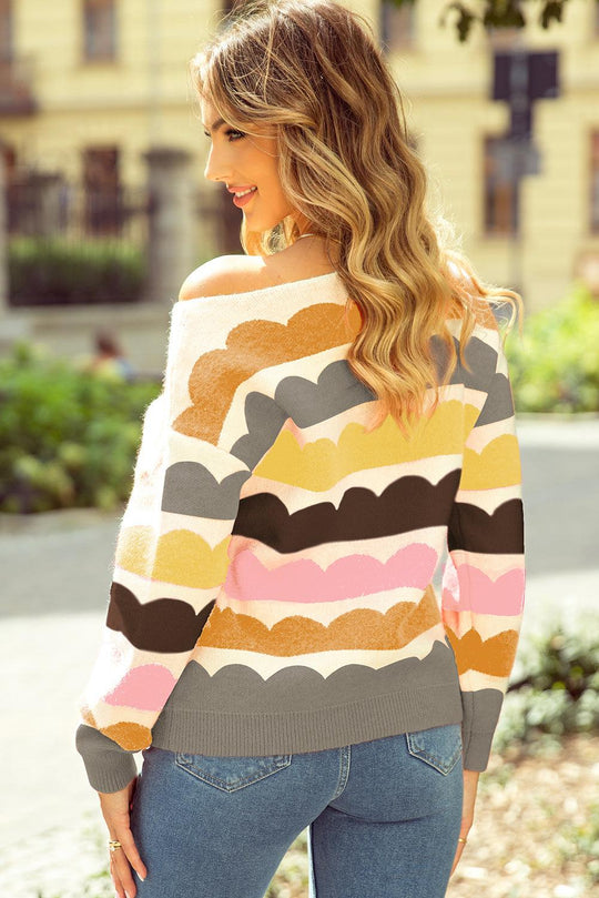 Rose Red Wave Striped Balloon Sleeve Drop Shoulder Sweater