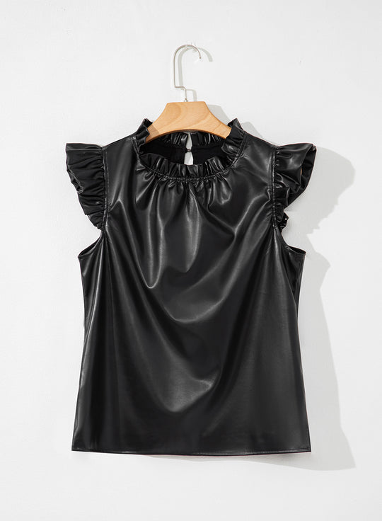 Ruffled Black Pleather Blouse