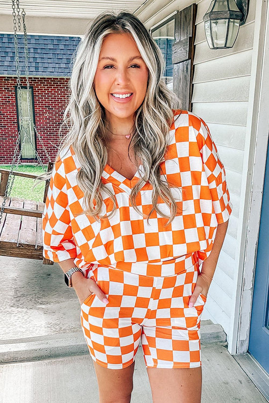 Checker Orange Two-Piece Short Lounge Set