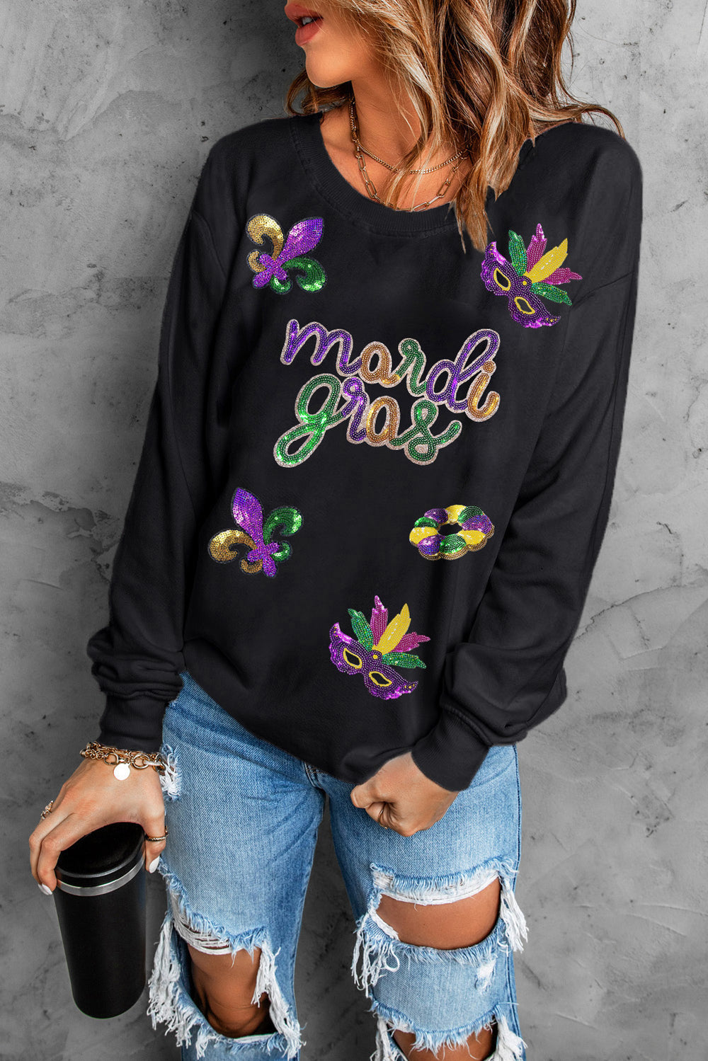 Black Sequin Mardi Gras Graphic Sweatshirt