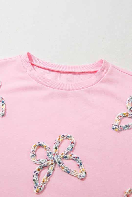 Pink Embroidered Bows Oversized Sweatshirt