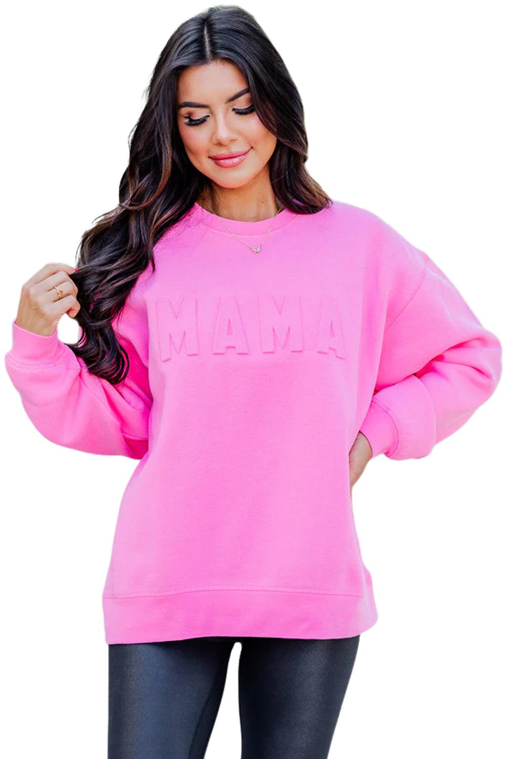 Bright Pink MAMA Letter Embossed Casual Sweatshirt