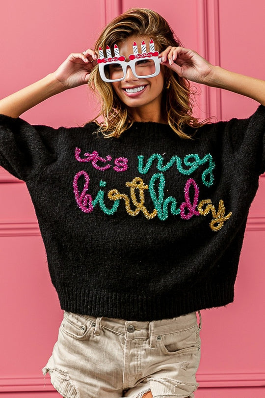 Metallic "It's My Birthday" Puff Sweater