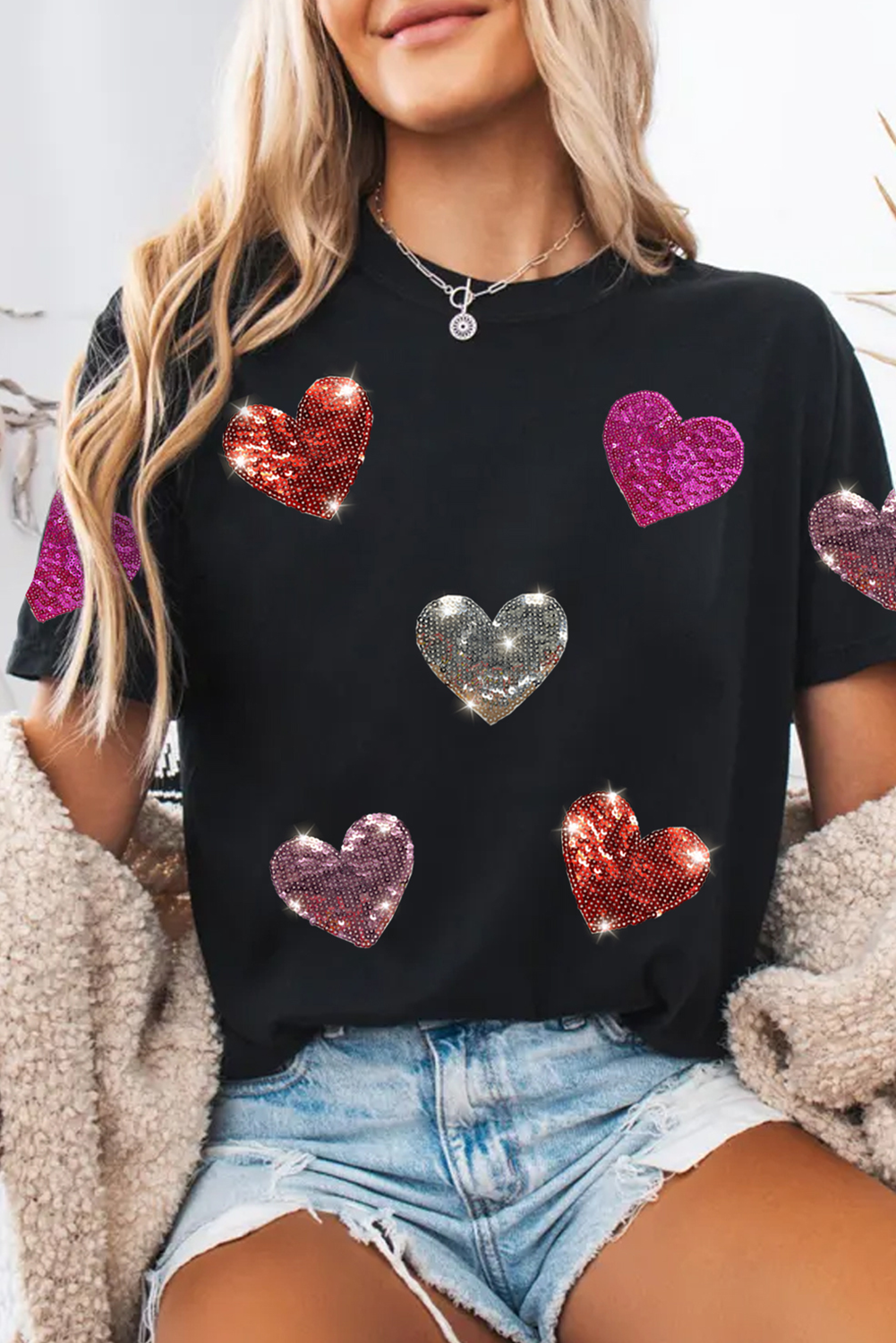  Hearts Sequin Patches Valentines Tee