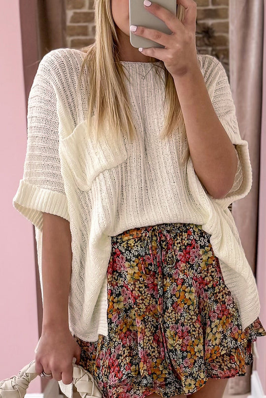  Rolled Cuffs Loose Knit Top 