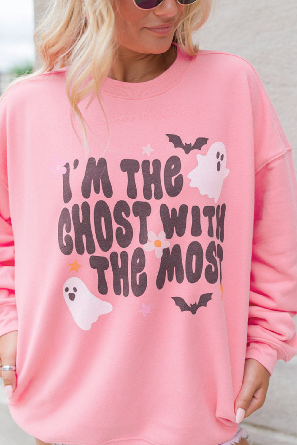 Halloween "Ghost With The Most" Pink Graphic Sweatshirt