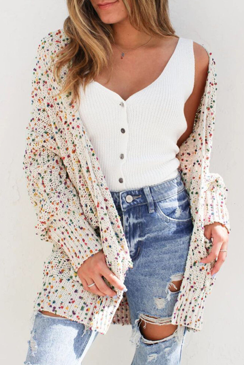 Dotted Multicolor Dotted Cream Knit Long Sleeve Cardigan