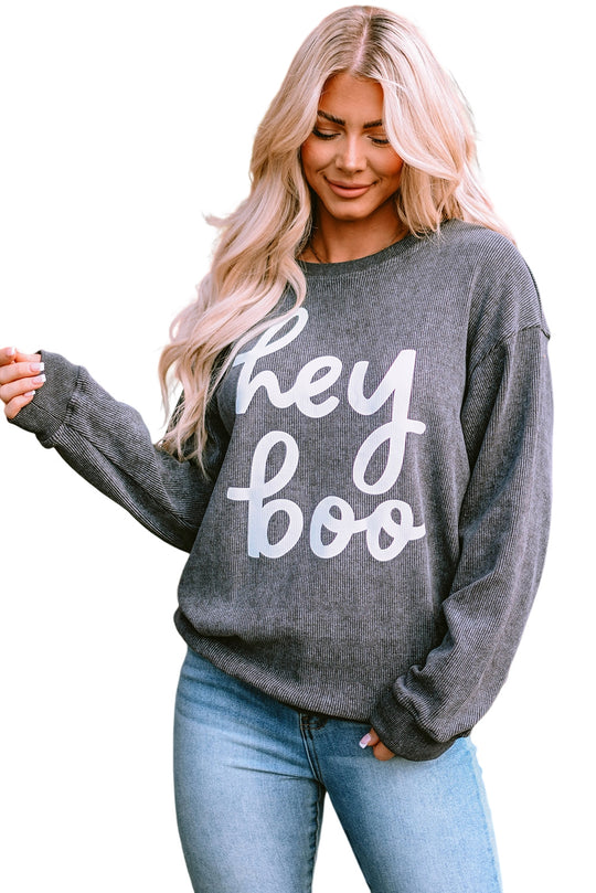 Corduroy Gray "Hey Boo" Graphic Halloween Sweatshirt